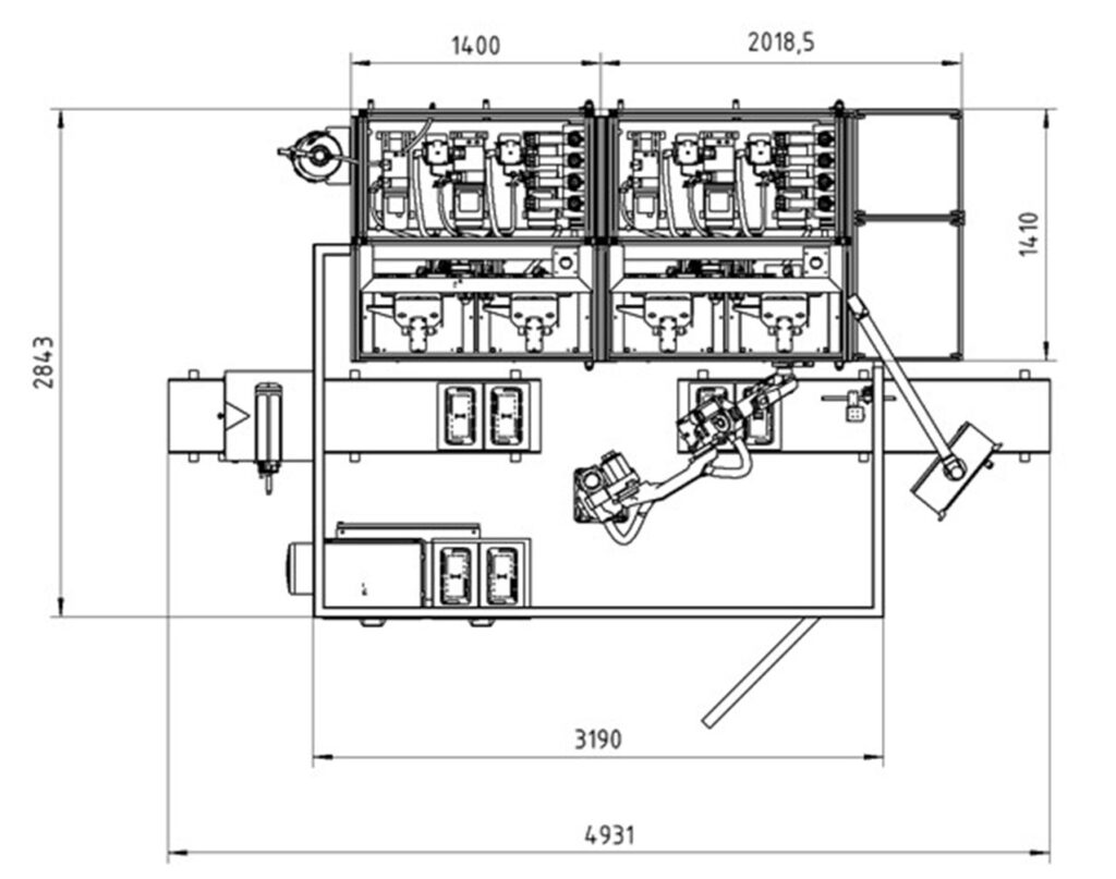 Technische Zeichnung mit angaben zum Platzbedarf